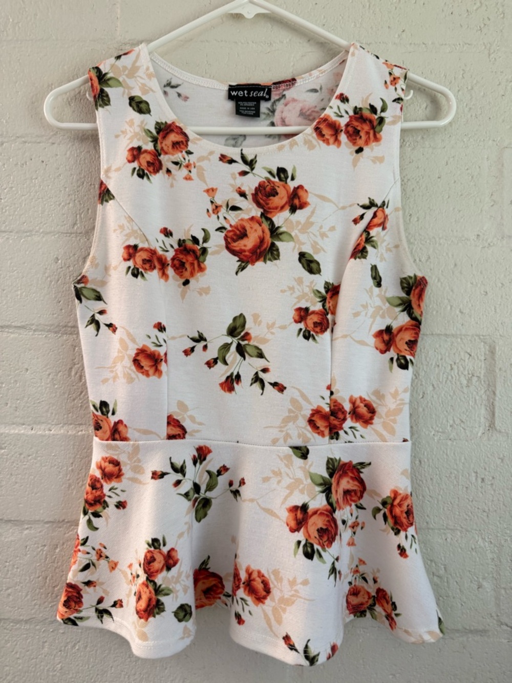 Wet Seal White Floral Peplum Top with Orange Roses